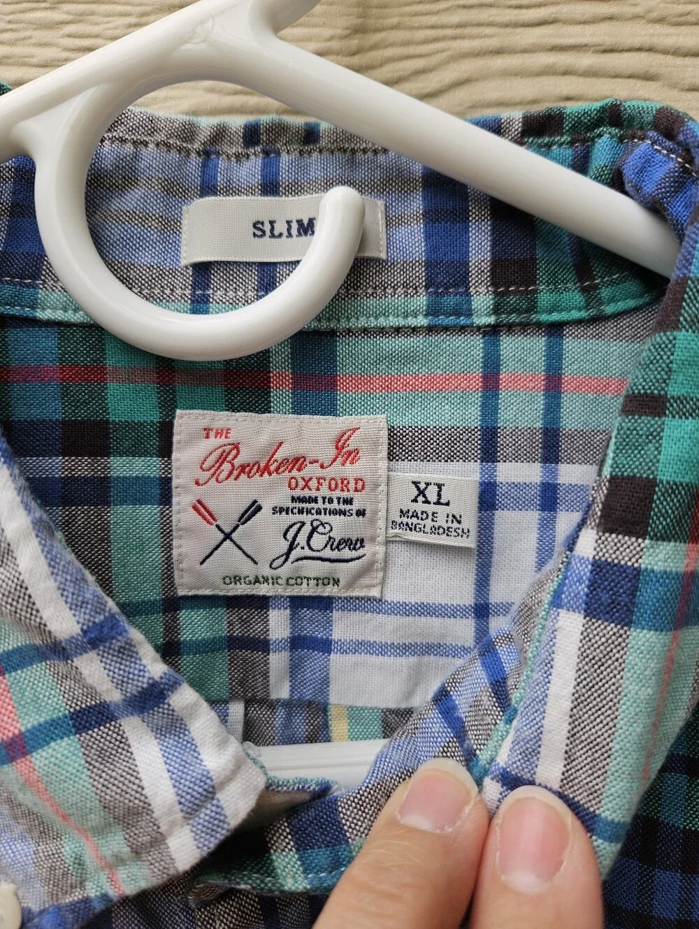 J. Crew Slim Broken-in organic cotton oxford shirt blue green white plaid XL